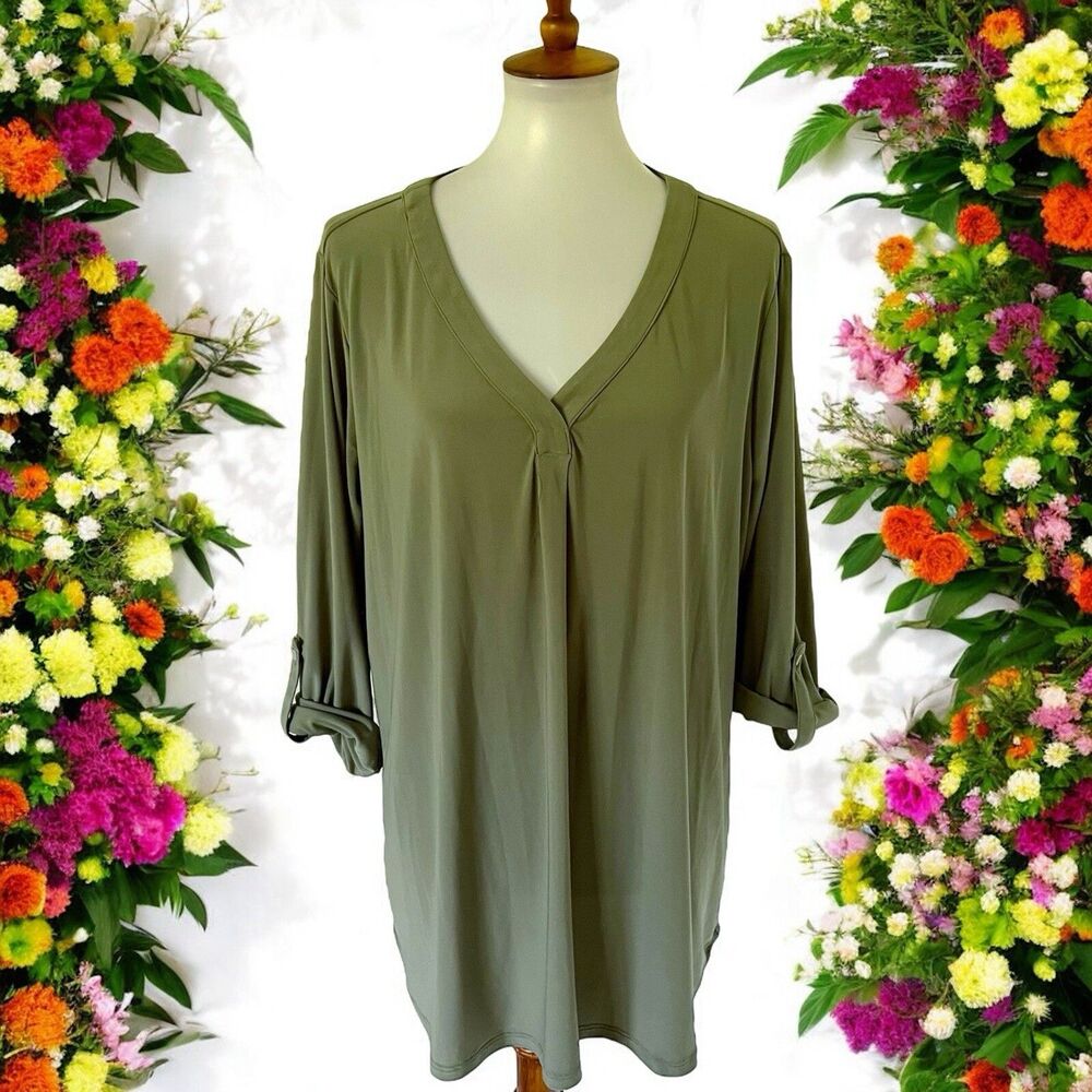 Kim Rogers Curvy Olive Green Army Green V-Neck Roll Tab Sleeve Top Blouse Shirt